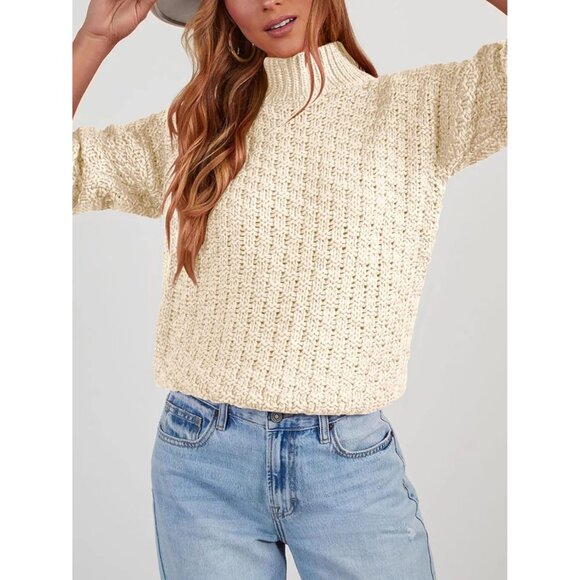 Women's Knit Sweater Textured Mock Neck Long Sleeve Turtleneck Casual - Picture 3 of 6